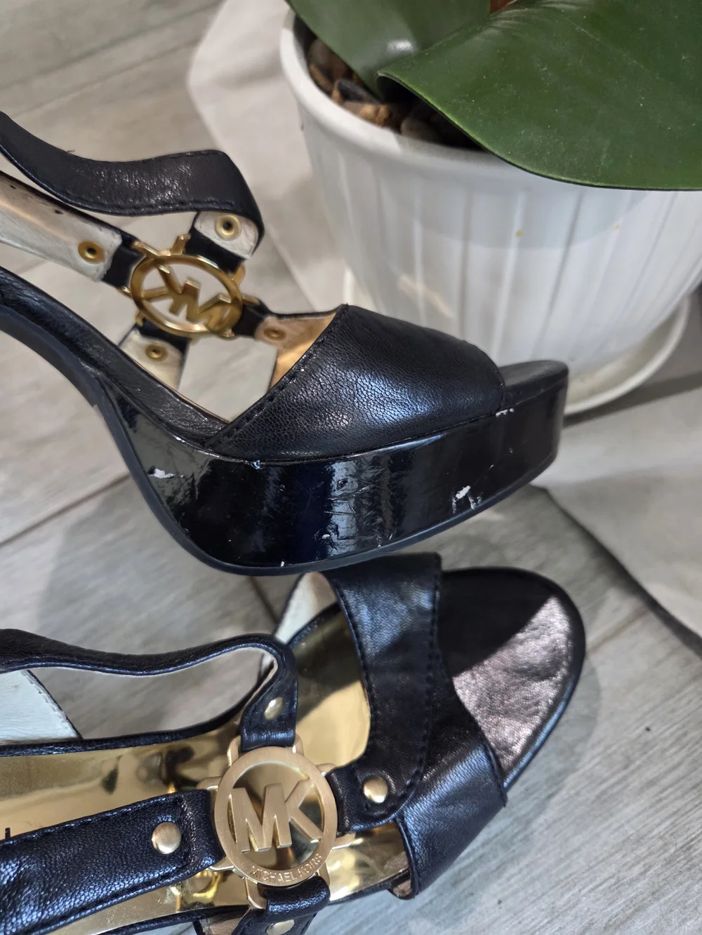 Michael Kors Black Leather T-Strap Platform Heels with Gold Logo